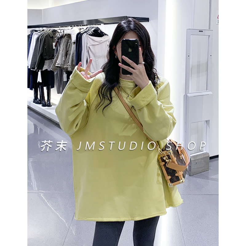 【芥末家】糖果色加绒卫衣女 慵懒风宽松显瘦卷边圆领中长款厚款