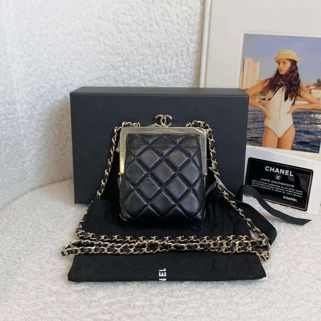 99新 Chanel/香奈儿 22C黑金羊蛙口小废包/ 71086007/代卖服务