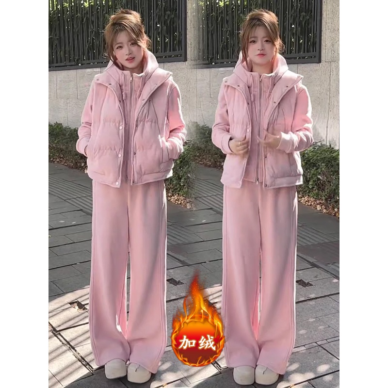 拉夏贝尔韩系时尚套装女秋冬2025新款夹棉马甲加绒卫衣卫裤三件套