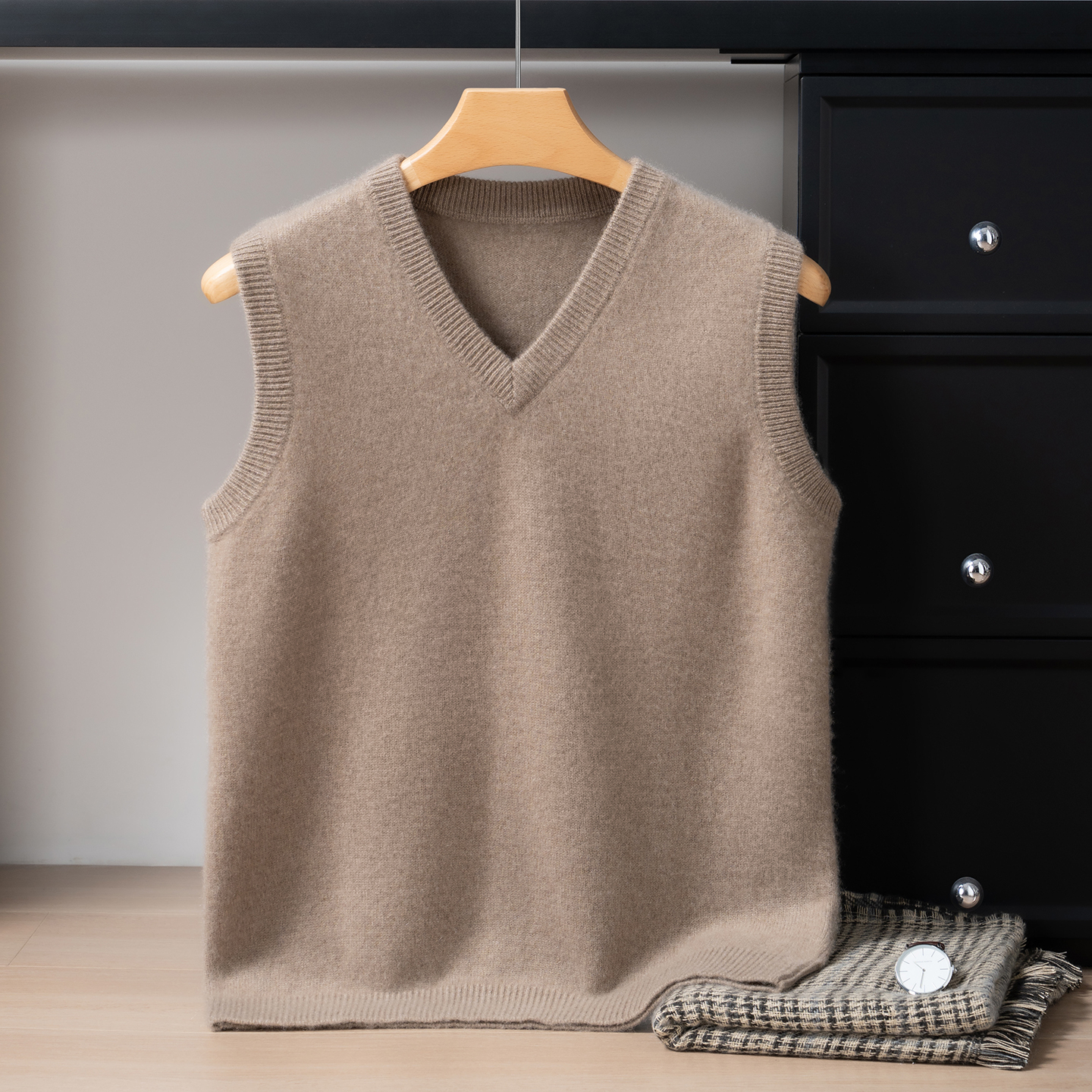 100%纯山羊绒秋冬新款男士7针加厚平面V领马甲背心保暖上衣