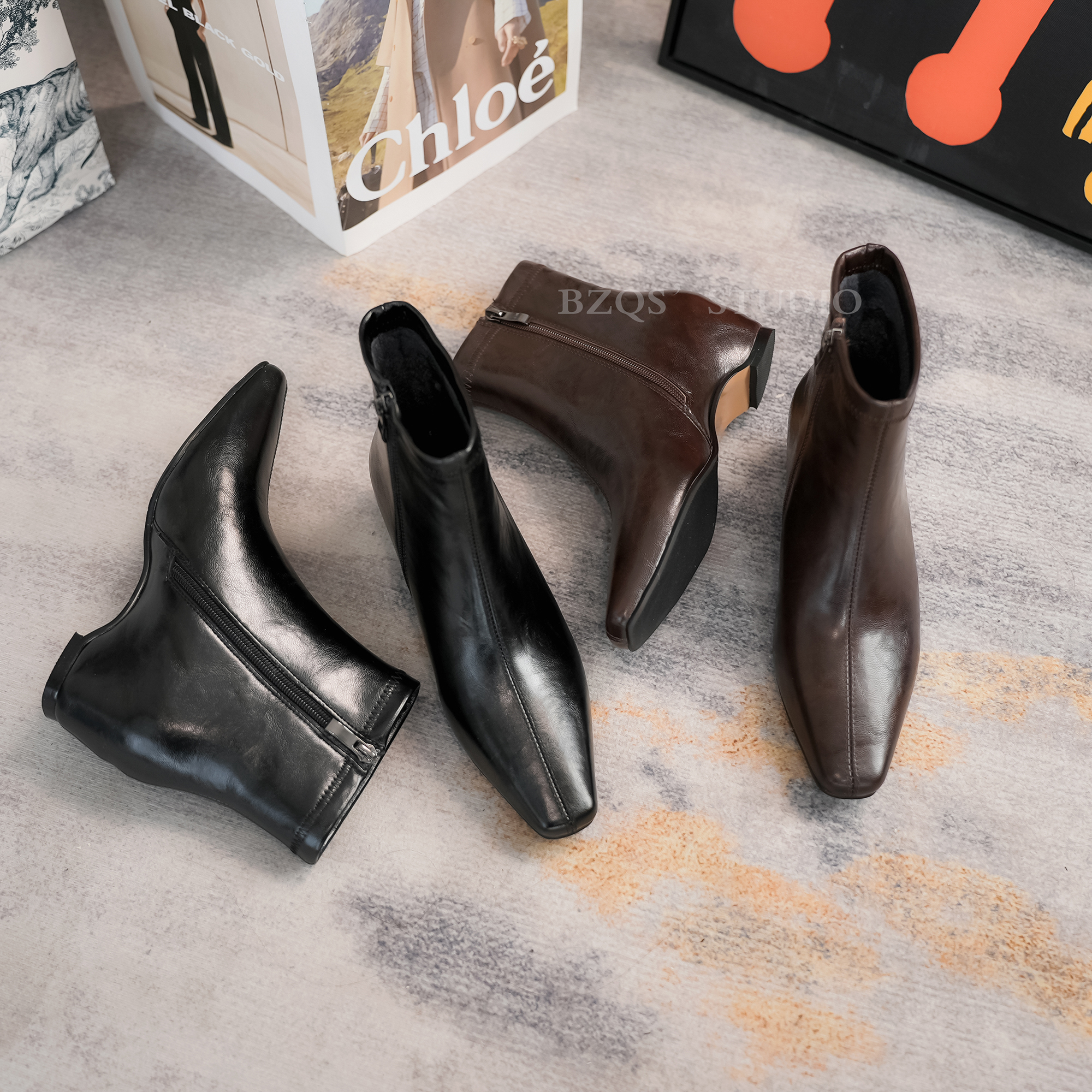 2025秋冬瘦瘦靴小方头侧拉链设计时尚内增高女靴气质短靴