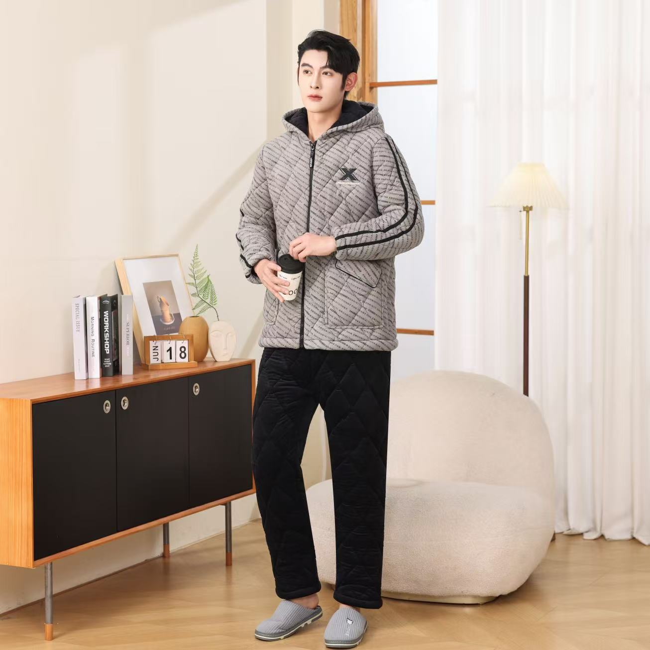 冬季新款男士厚款加绒加厚睡衣保暖休闲家居服套装连帽可外穿839