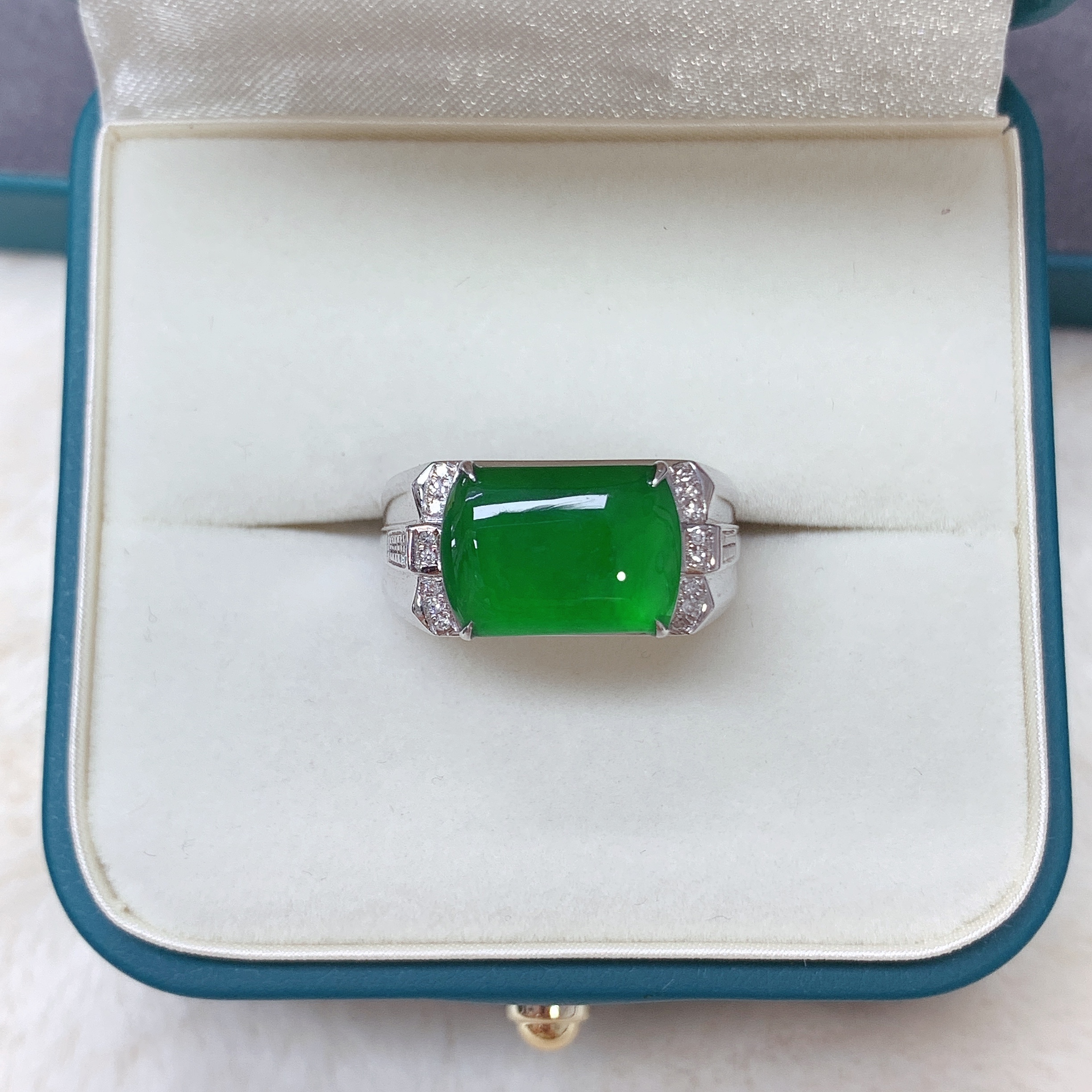 18K金翡翠戒指 帝王绿满绿高冰高透男戒 送老公送男友 甄选佳礼