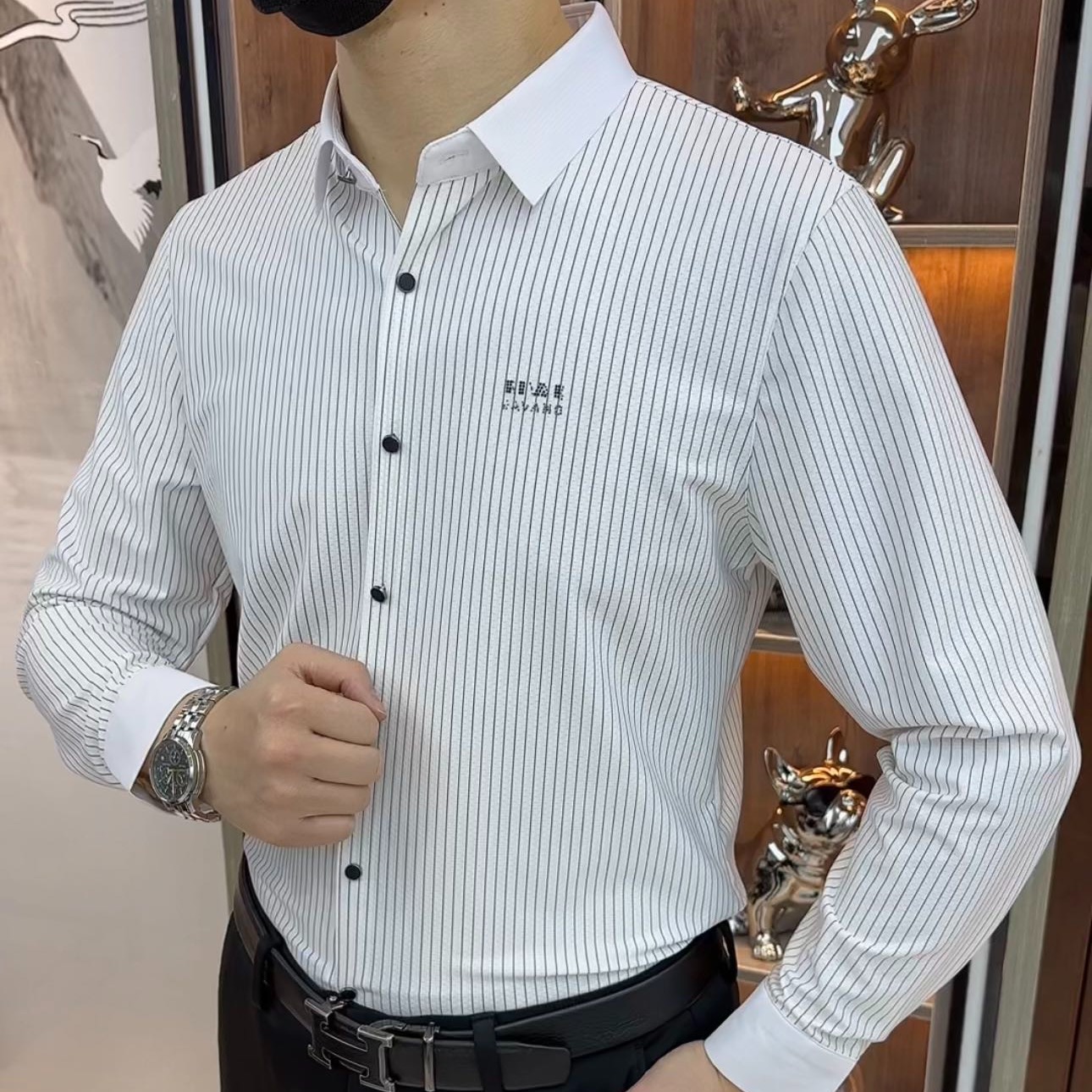 【欧名】“春季新款”必拍高端竖条长袖男士提花商务百搭衬衫23825