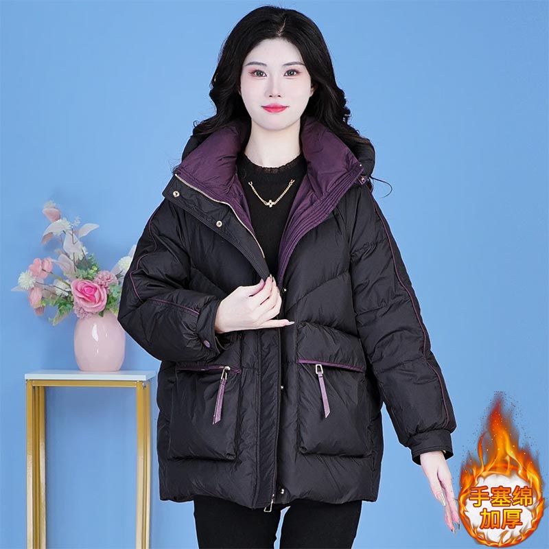 小众高级感保暖连帽棉服女冬季2025新款加厚休闲短款拼色时尚外套