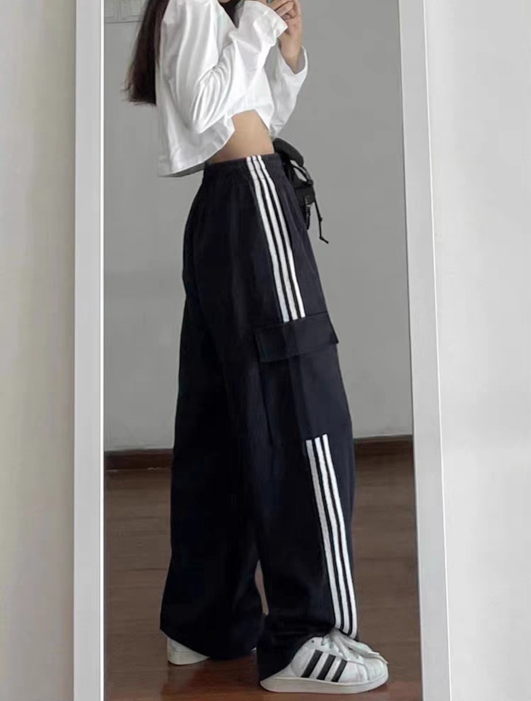 秋季美式复古宽松阔腿直筒口袋休闲工装裤女春秋条纹运动休闲裤潮