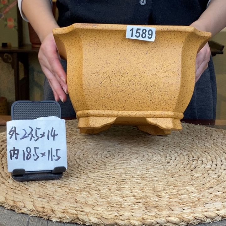 紫砂花盆  新品首发柴烧刻绘切角四方1589