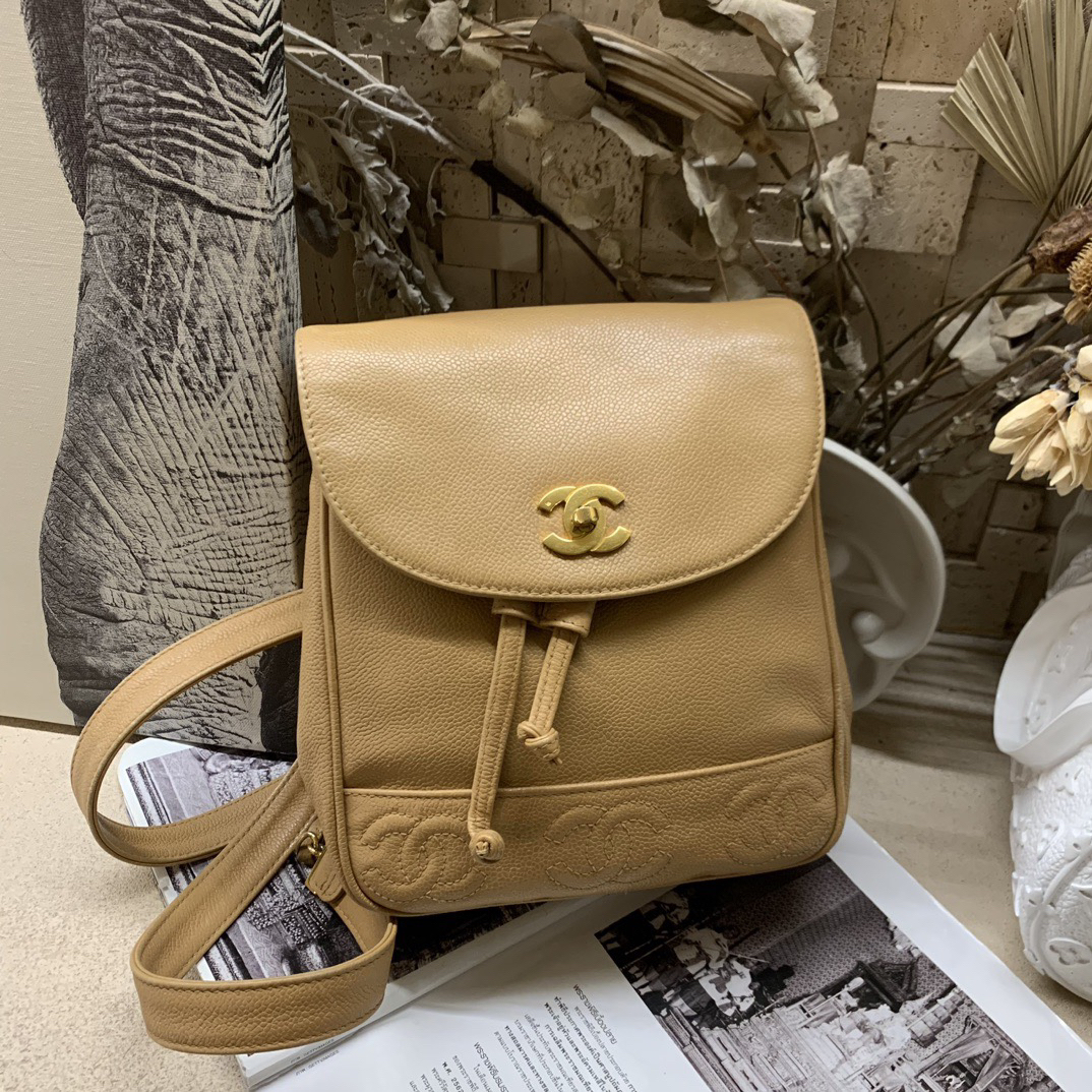 95新 Chanel/香奈儿 米金荔枝中古双肩包