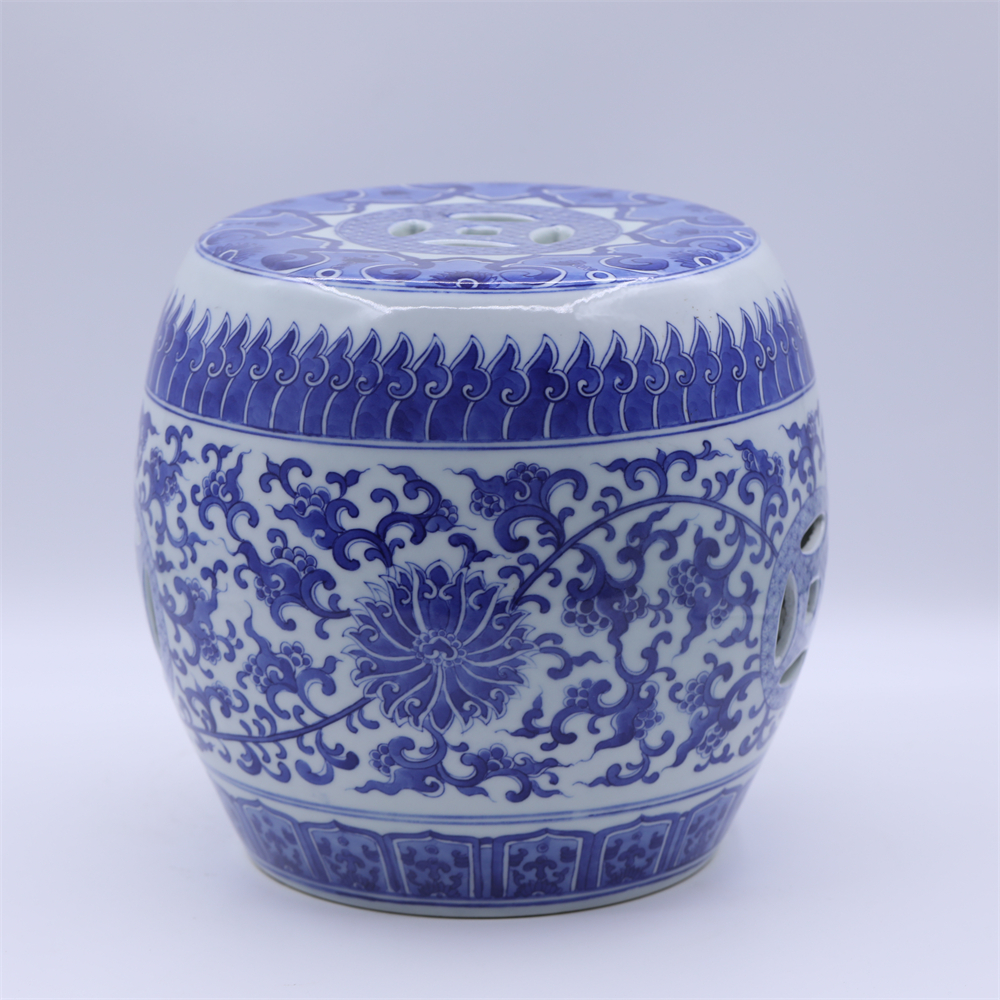 古陶瓷/青花缠枝花卉纹绣墩LOT4401-P2/老物件