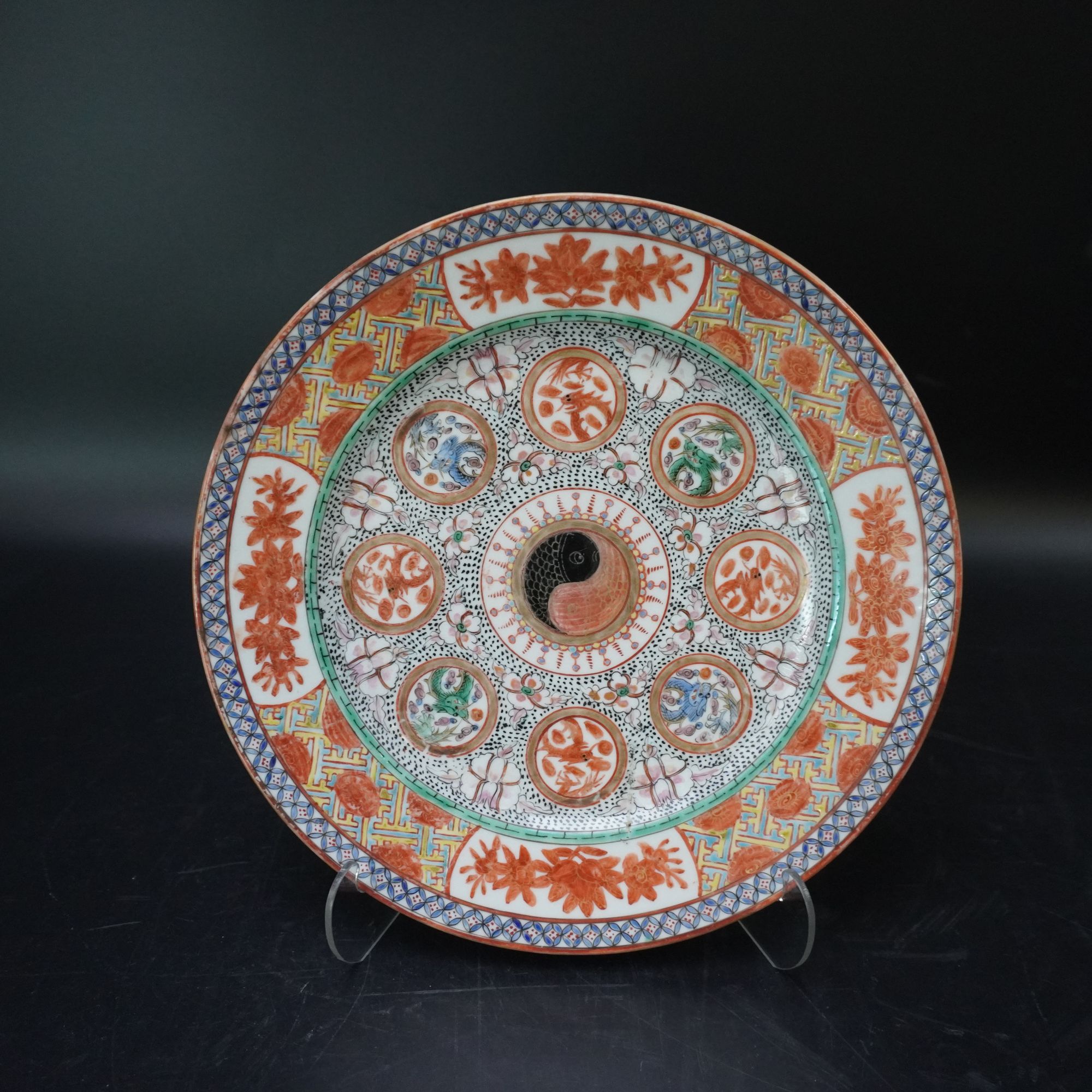 Lot.25120736民国广彩花卉龙纹赏盘 直径：约24.7cm