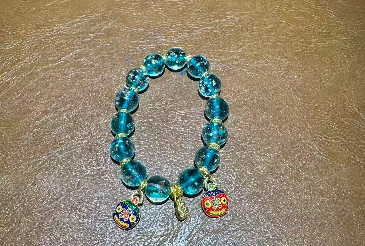 s1066-1.2湖蓝夜光金箔琉璃单圈+吞金兽挂饰