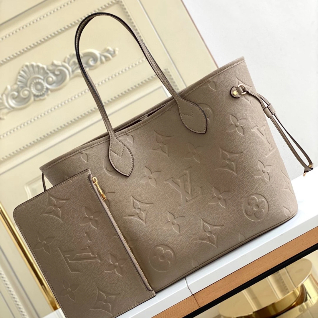 99新 LouisVuitton/路易威登 neverfull中号灰色牛皮单肩包/17769