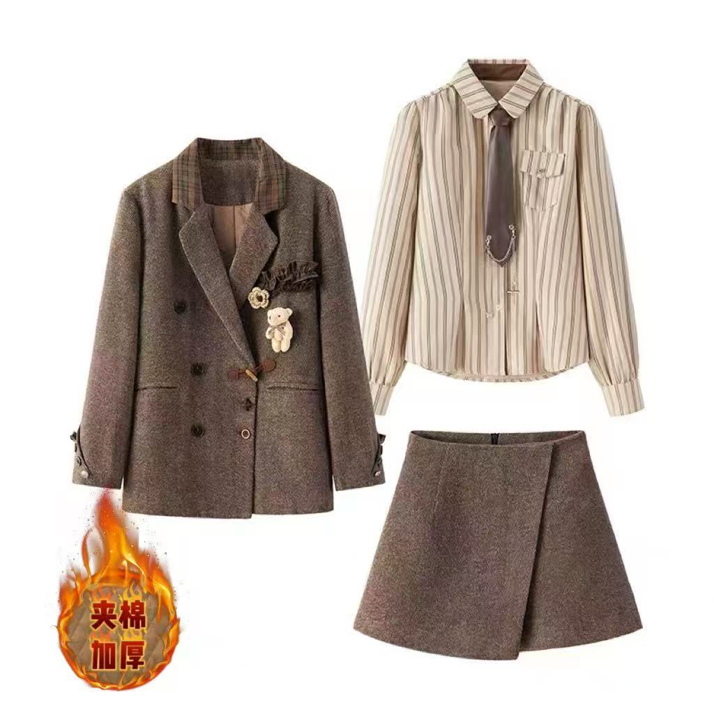 【小熊四件套】学院风咖色纽扣长袖西装
