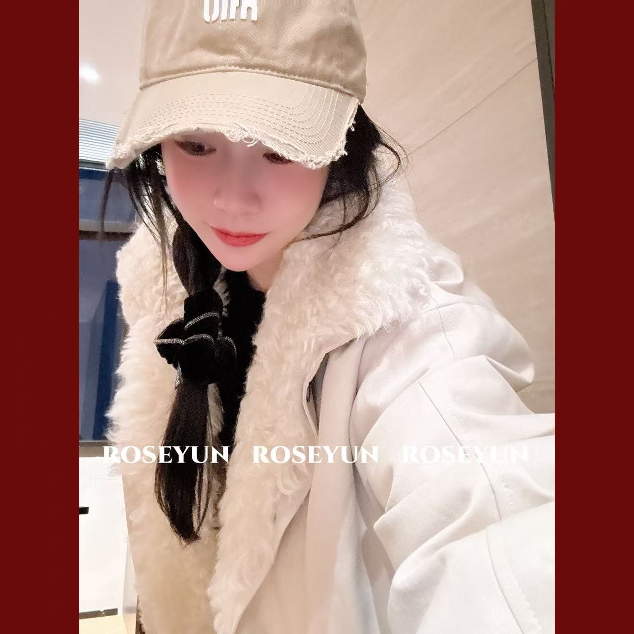 【Rose Yun】棉麻翻领羊羔毛皮毛一体鹅绒服外套  JY115095