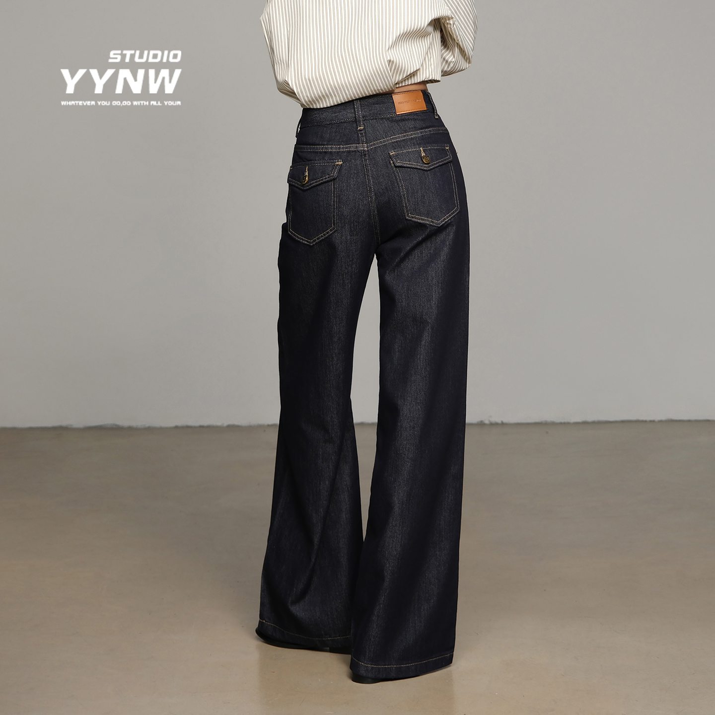 原牛深蓝色阔腿牛仔裤女2025新款秋季小个子宽松显瘦垂感拖地长裤