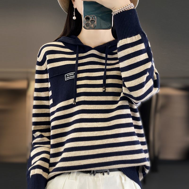 【100%好毛衫】条纹女秋季宽松羊毛打底衫时尚女士洋气长袖
