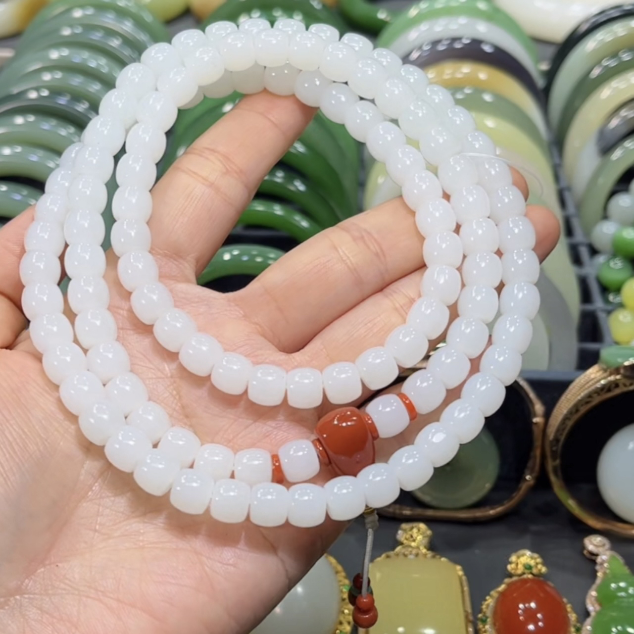收藏级！新疆和田玉于田白玉项链多圈手串8mm