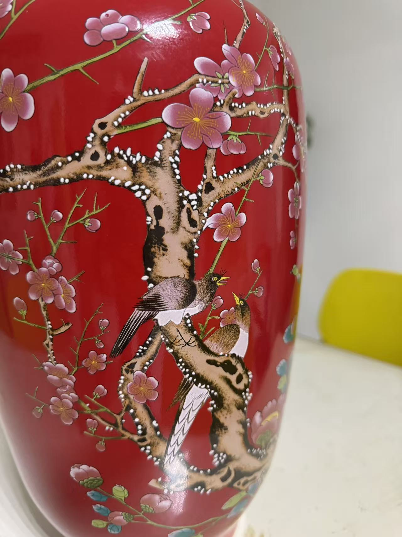 腾煜工艺品花瓶手绘红釉喜上眉梢陶瓷摆件一个陈设，下单联系客服