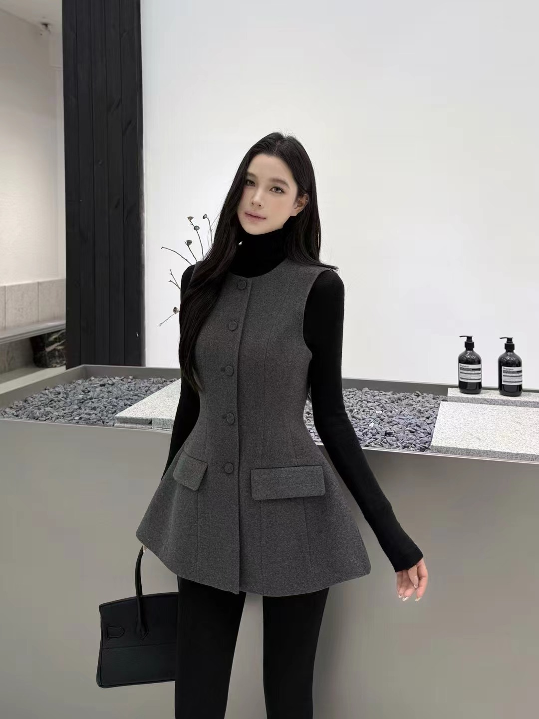 Vane韦恩韩版纯色圆领拼接毛呢外套秋冬时尚中长款无袖马甲外套女