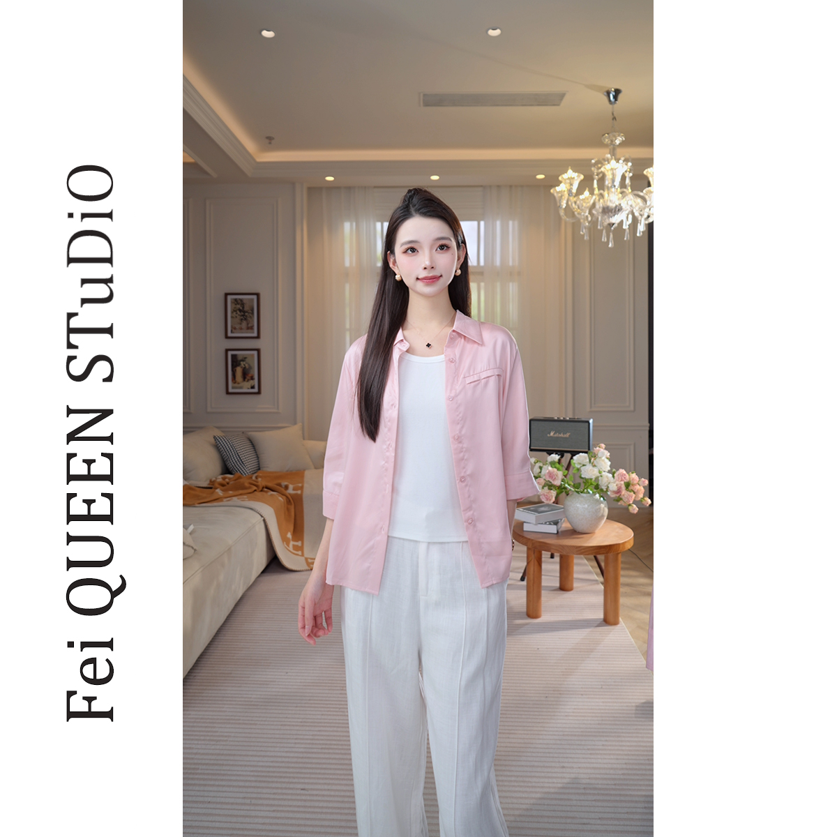 【QC】纯色翻领小众设计感中袖衬衫百搭宽松上衣 XC0A067 F