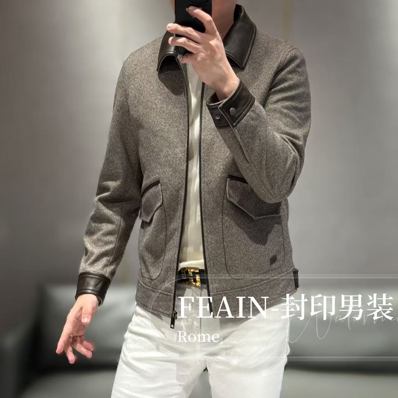 【真皮拼接】高端男士斜纹呢料老钱风休闲夹克25002