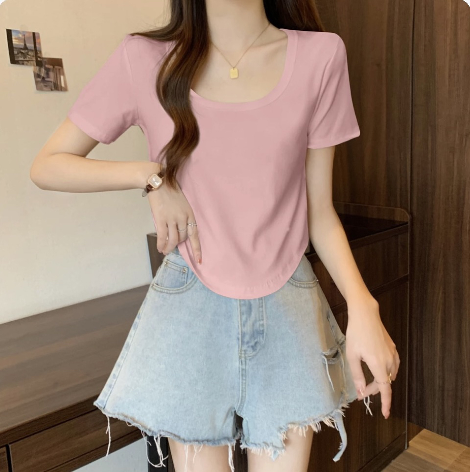 WTT-66838修身高腰百搭设计感短袖短款小众T恤气质上衣女