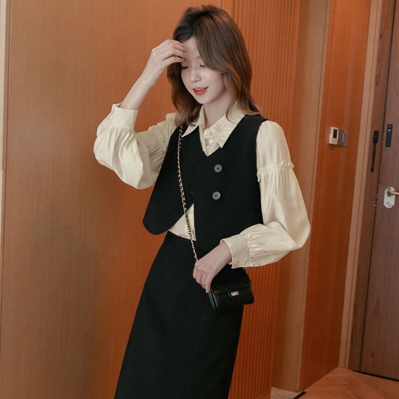 1586春夏新款半身裙女马甲长袖衬衫气质显瘦三件套