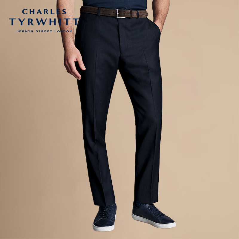 CHARLES TYRWHITT【100%羊毛】修身版型海军蓝微弹斜纹西裤男士