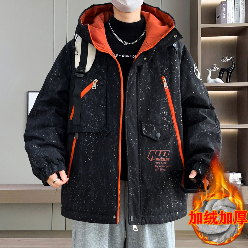 青少年2025冬季加绒加厚夹克男生港风宽松潮流休闲百搭连帽外套