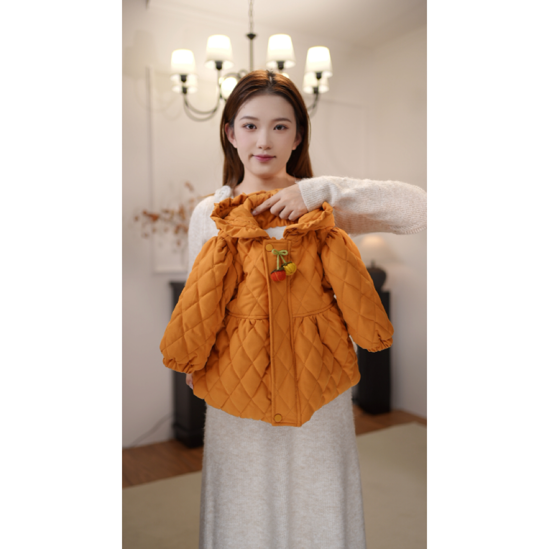 奶糖家原创 南瓜色女宝冬款加绒加厚保暖可爱中长洋气棉服外套