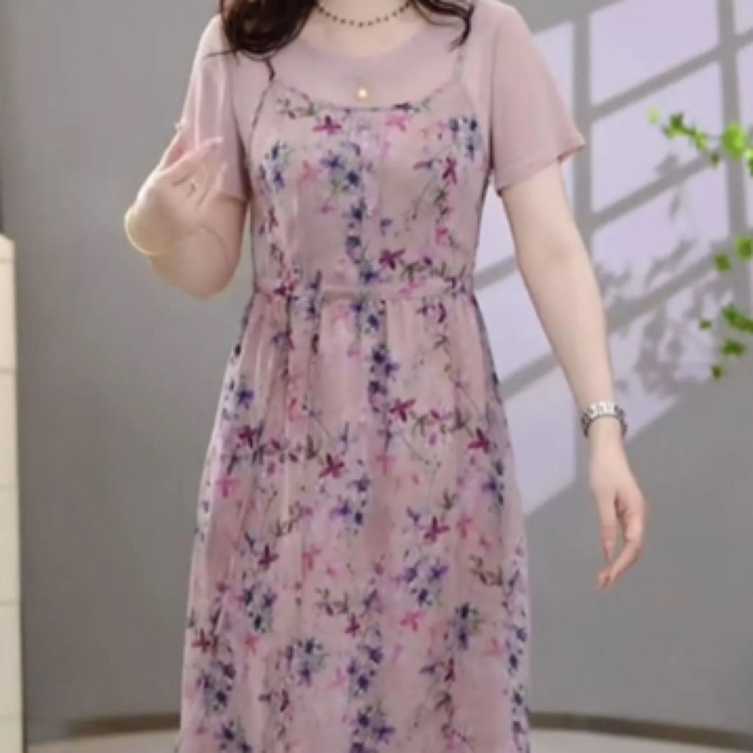 A0495夏季新款碎花修身温柔气质假两件女装中长款连衣裙