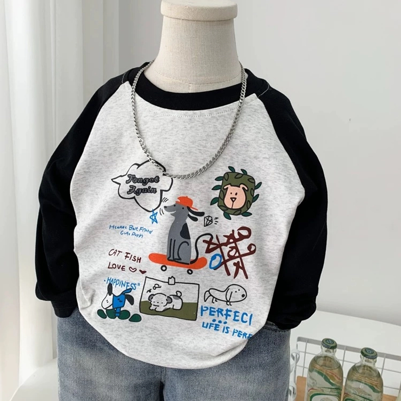 春秋儿童纯棉长袖T恤洋气外穿拼接上衣中小童宝宝卡通百搭打底衫