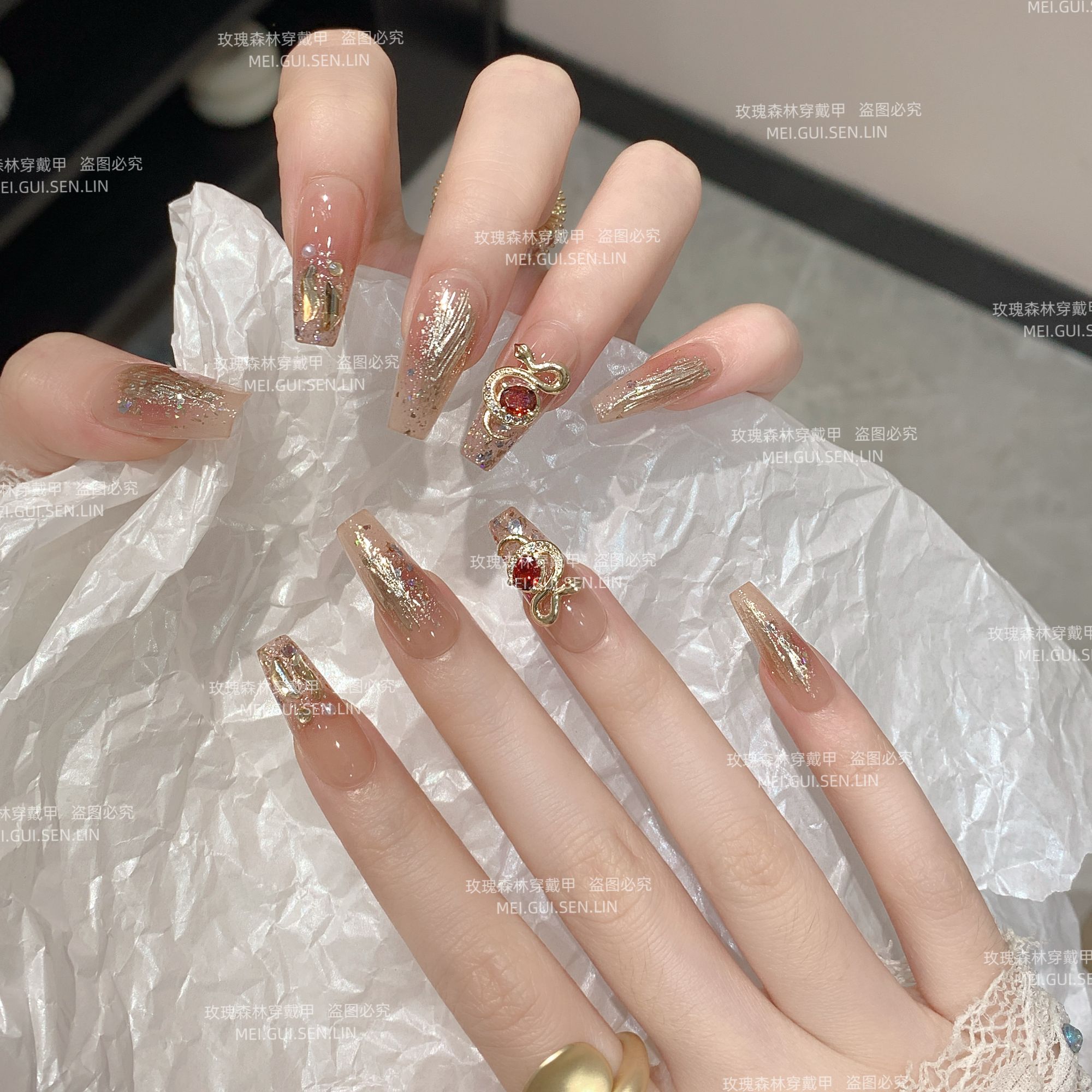 富蛇~玫瑰森林金蛇灵饶红宝石爆闪香槟钻奢华显白美甲手工穿戴甲