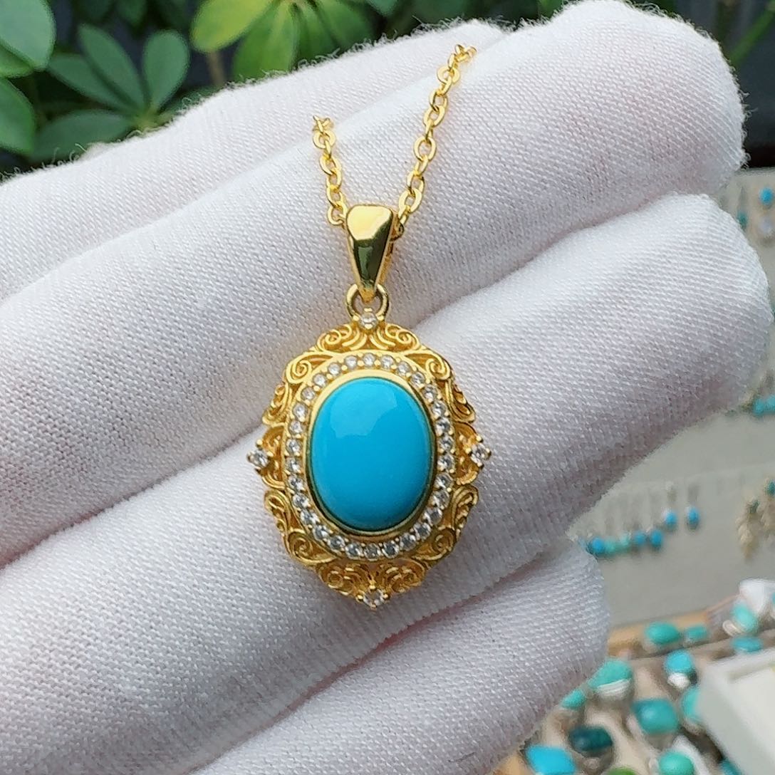 绿松石银S925镀金镶嵌颈饰吊坠