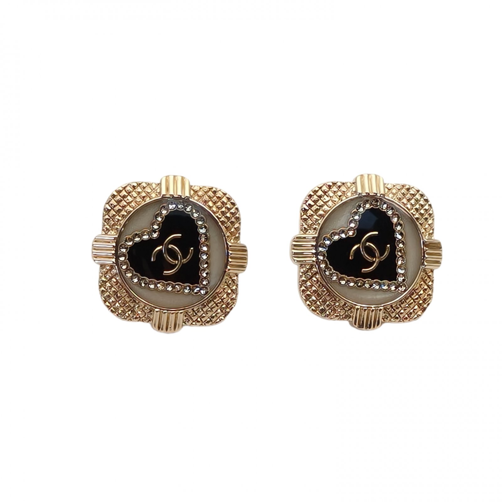 99新 Chanel/香奈儿 攀攀 合金 22V 黑色 爱心 方块 耳钉