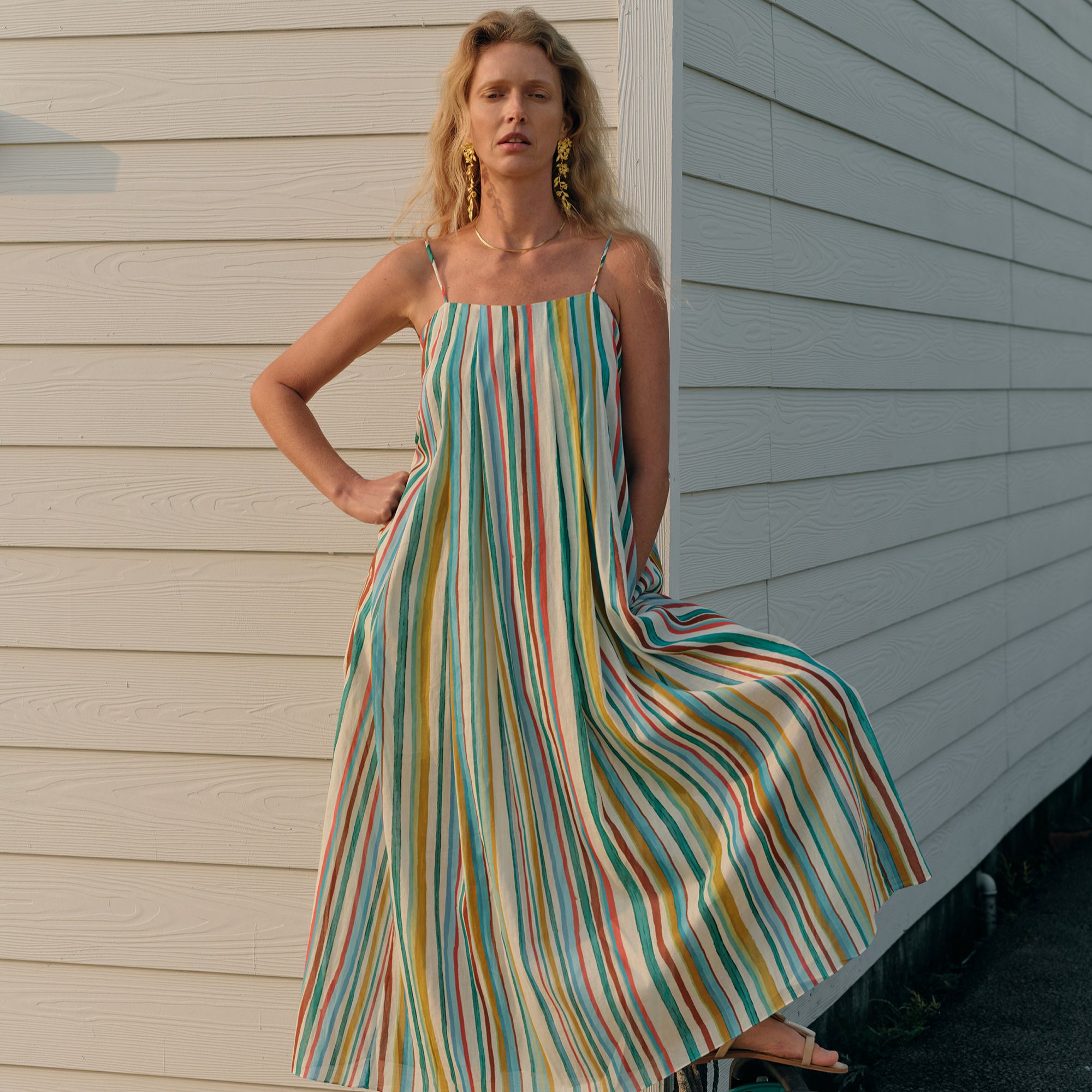 罕山 混纺 女士七彩条纹印花裙潮牌时尚显瘦气质复古小众设计感