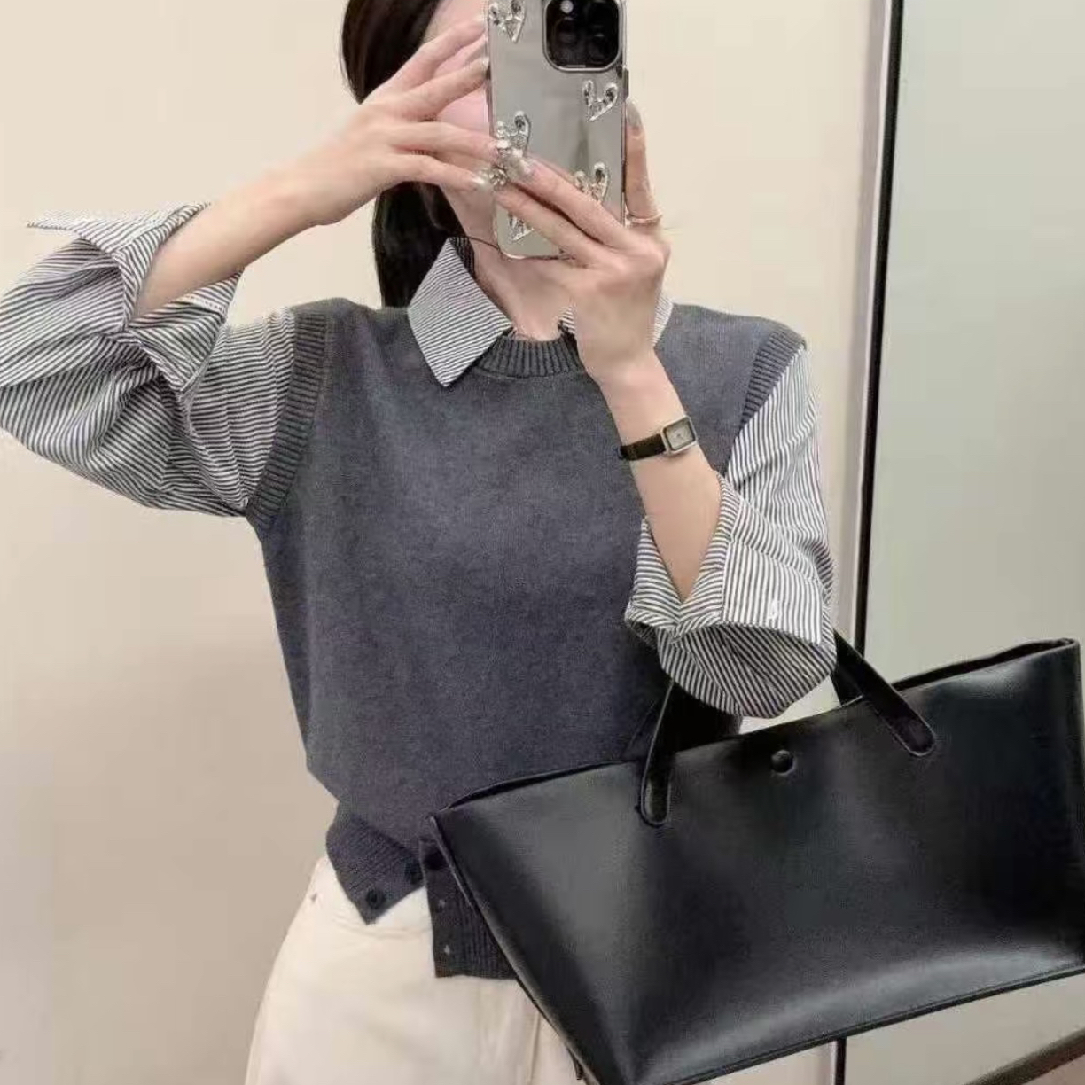 2025新款假两件套上衣女显瘦时尚气质洋气拼接减龄百搭针织休闲