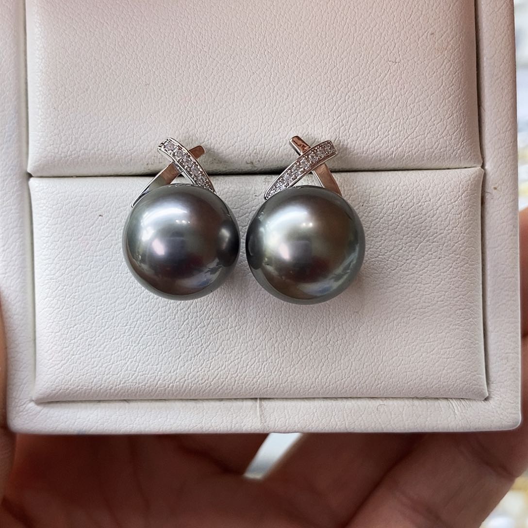海水珍珠耳饰银S925镶嵌大溪地13-14m m