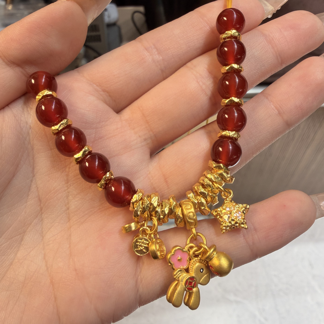 足金999 纯黄金 木马 星星 平安喜乐盘缠手串 红色手链