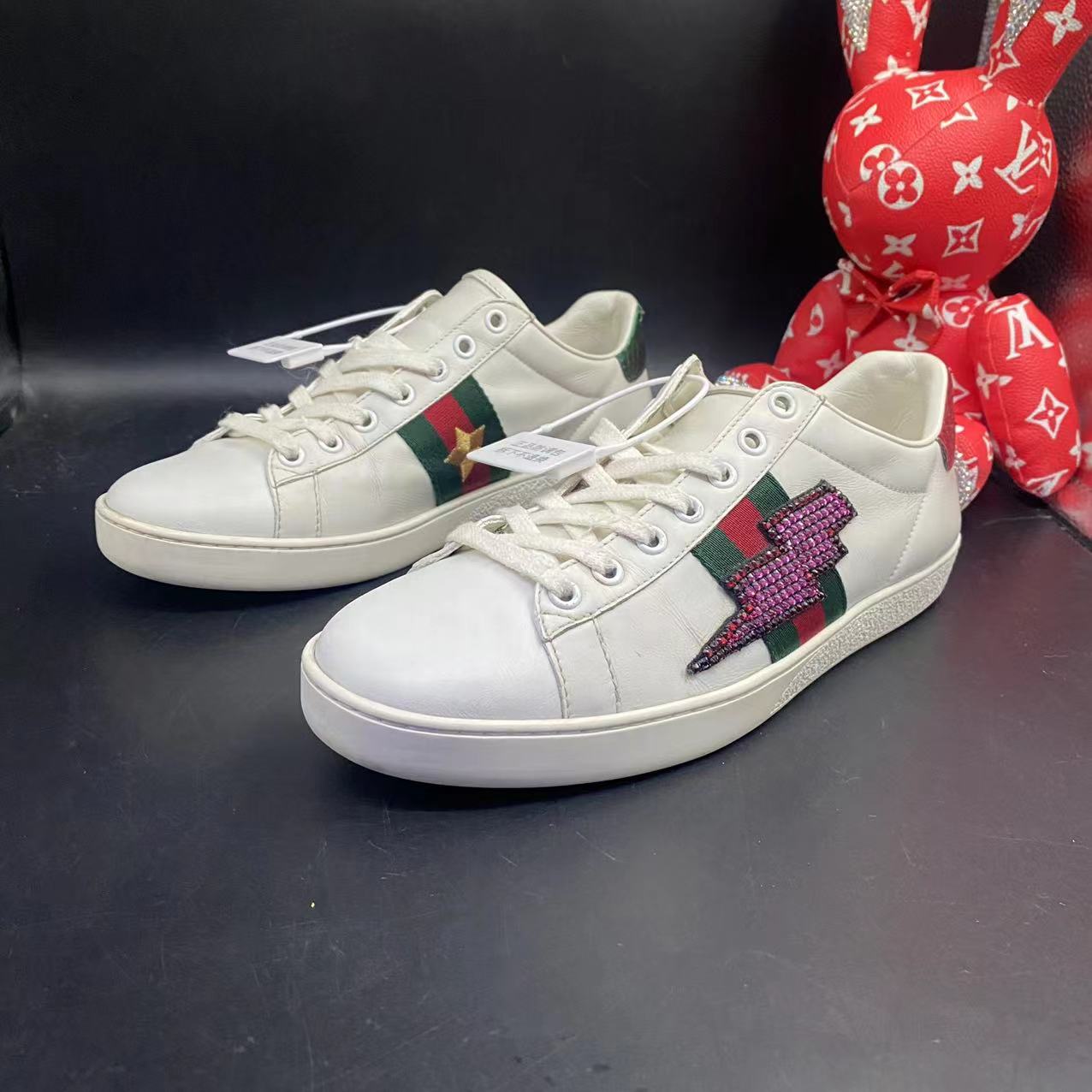95新 GUCCI/古驰 【AO福利】41/42欧码 男时尚休闲闪电ace白鞋ao145