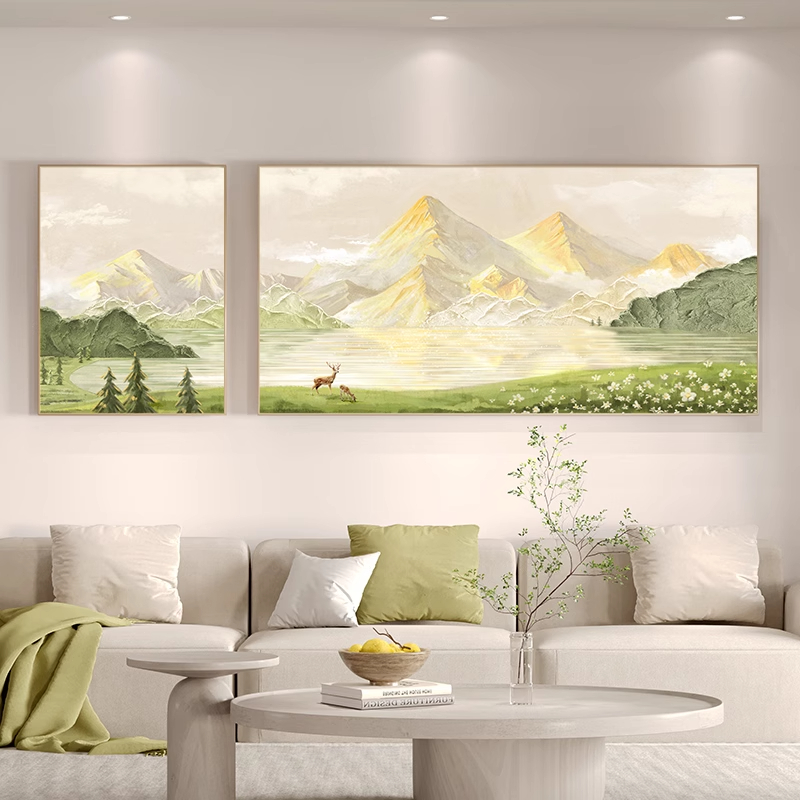 奶油风客厅装饰画日照金山沙发背景墙挂画山水风景高级玄关装饰画