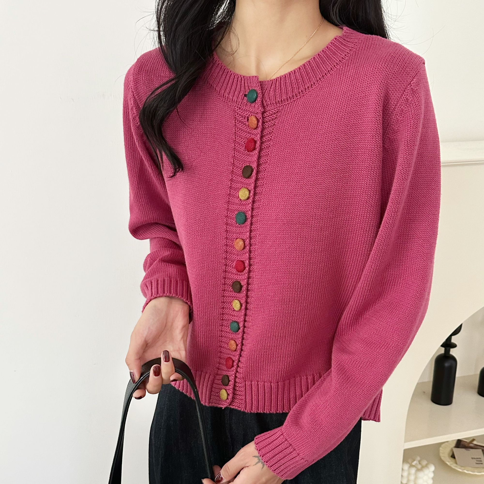 【正品现货】棉线复古手工彩色扣秋冬针织开衫女士新款宽松长袖外套