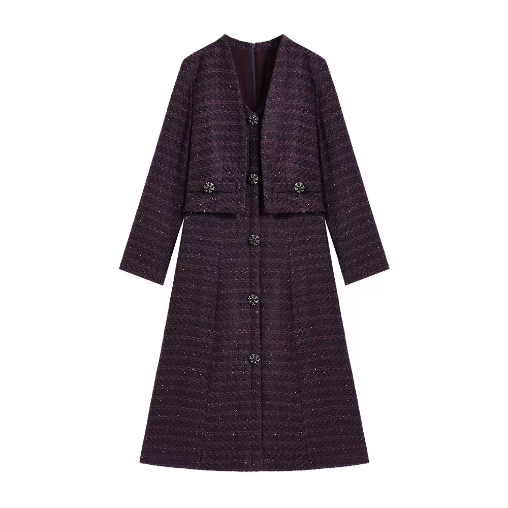 【南油虹姐】秋冬款通勤风假两件V领收腰时尚复古小香风显瘦连衣裙