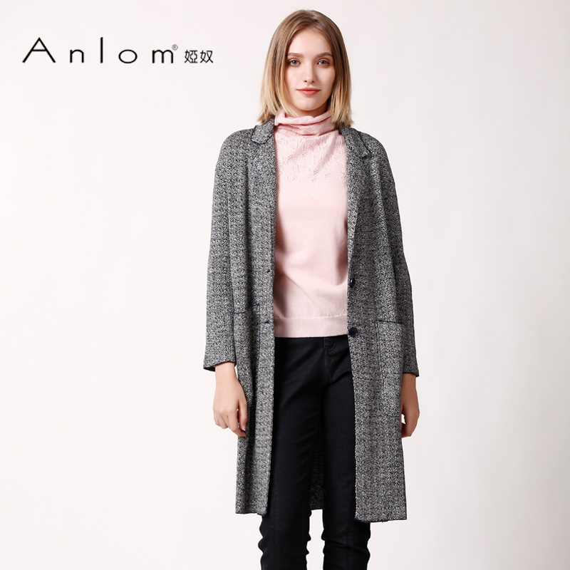 Anlom/娅奴桑蚕丝外套修身长袖毛呢大衣女中长款英伦风秋冬装新款