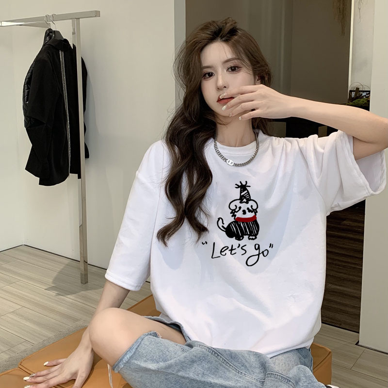 港味ins纯棉短袖t恤休闲宽松大码女装小众圆领白色情侣款小狗半袖