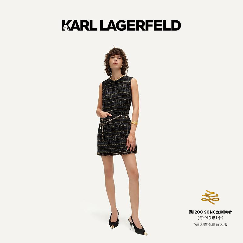 KARL LAGERFELD卡尔拉格斐春黑金格纹花呢直身无袖连衣裙E41W1315