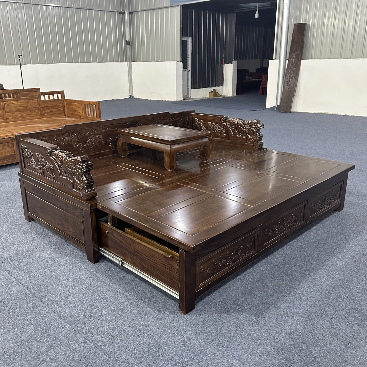 招财麒麟推拉罗汉床正宗北方老榆木原木多功能推拉罗汉沙发床