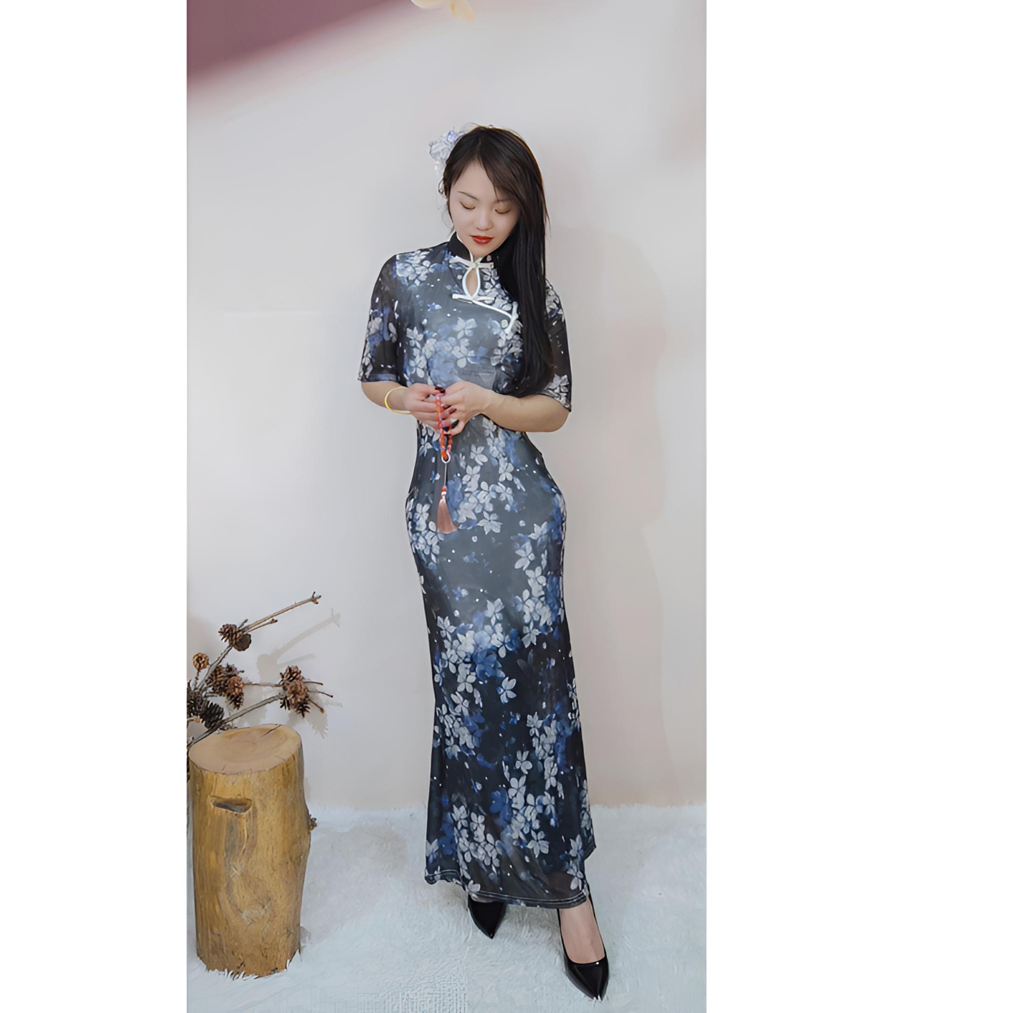 2525【水墨青花】夏季中袖碎花复古旗袍印花长袖中国风走秀中长款