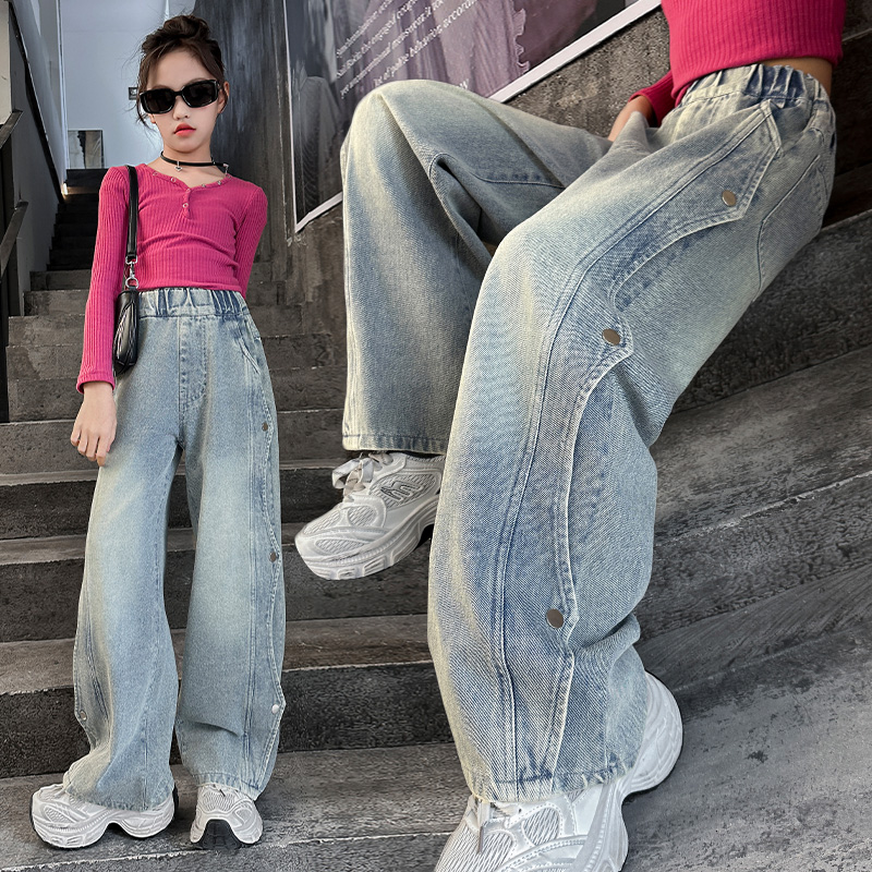 【春款新品】女童牛仔裤宽松直筒裤中大童休闲百搭拖地裤显瘦长裤潮