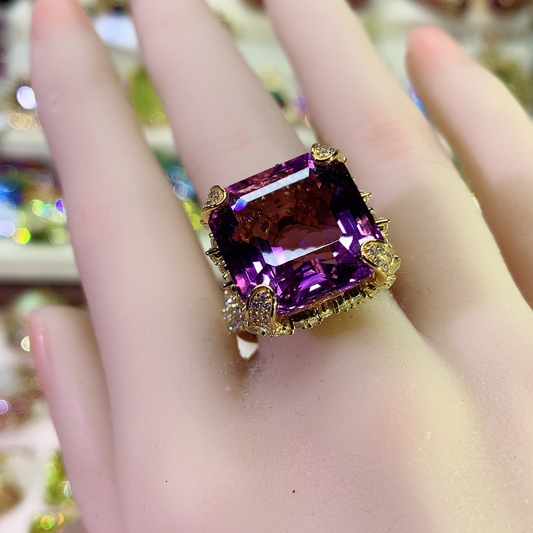 紫晶戒指银S925镀金镶嵌